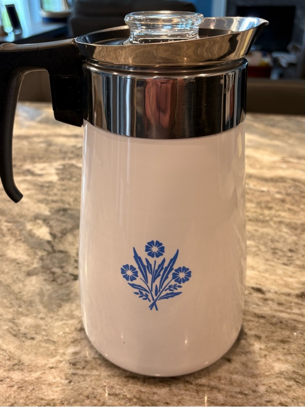 White Ceramic Coffee Carafe with Blue Floral Accent and Stainless Spout